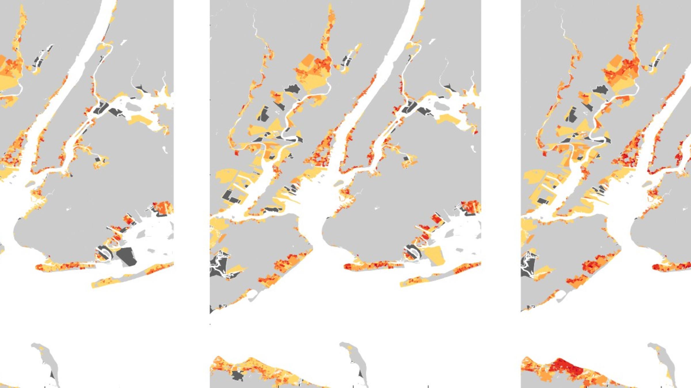A series of three pictures showing how flooding will impact the coastline of a body of water. The third picture in the series shows the biggest effect from flooding; the first shows the least effect.