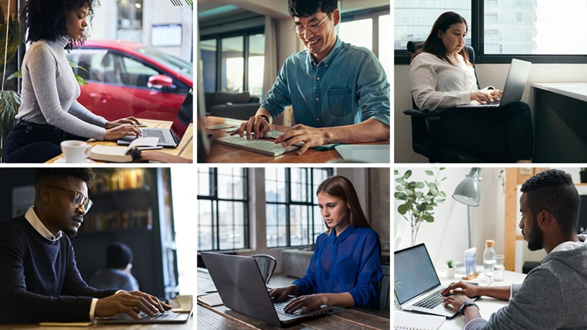 Professionals working at laptop computers in various office and public settings.