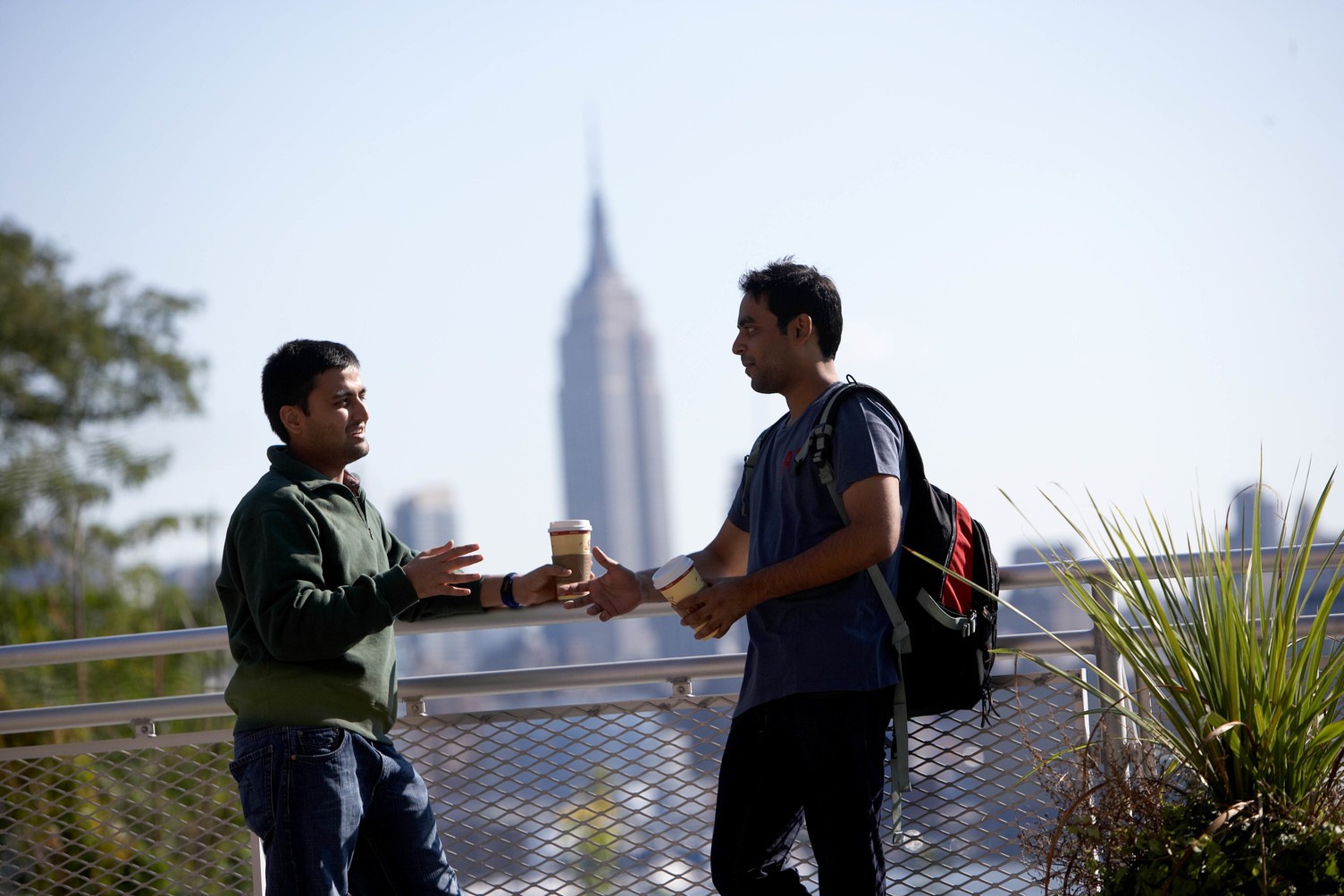 Stevens students on campus with Empire State Building in background