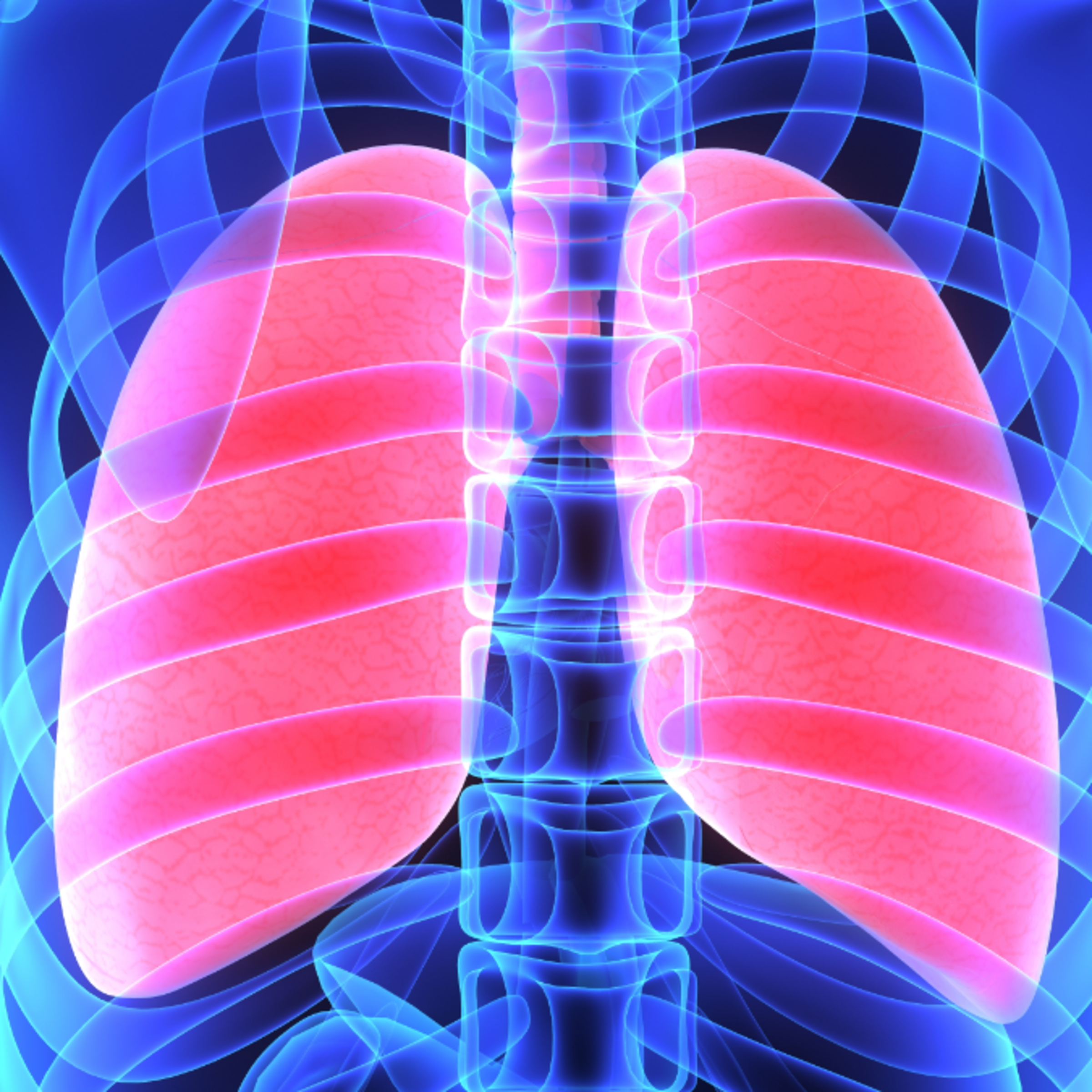 Illustration of pink lungs within blue skeleton within outline of human torso