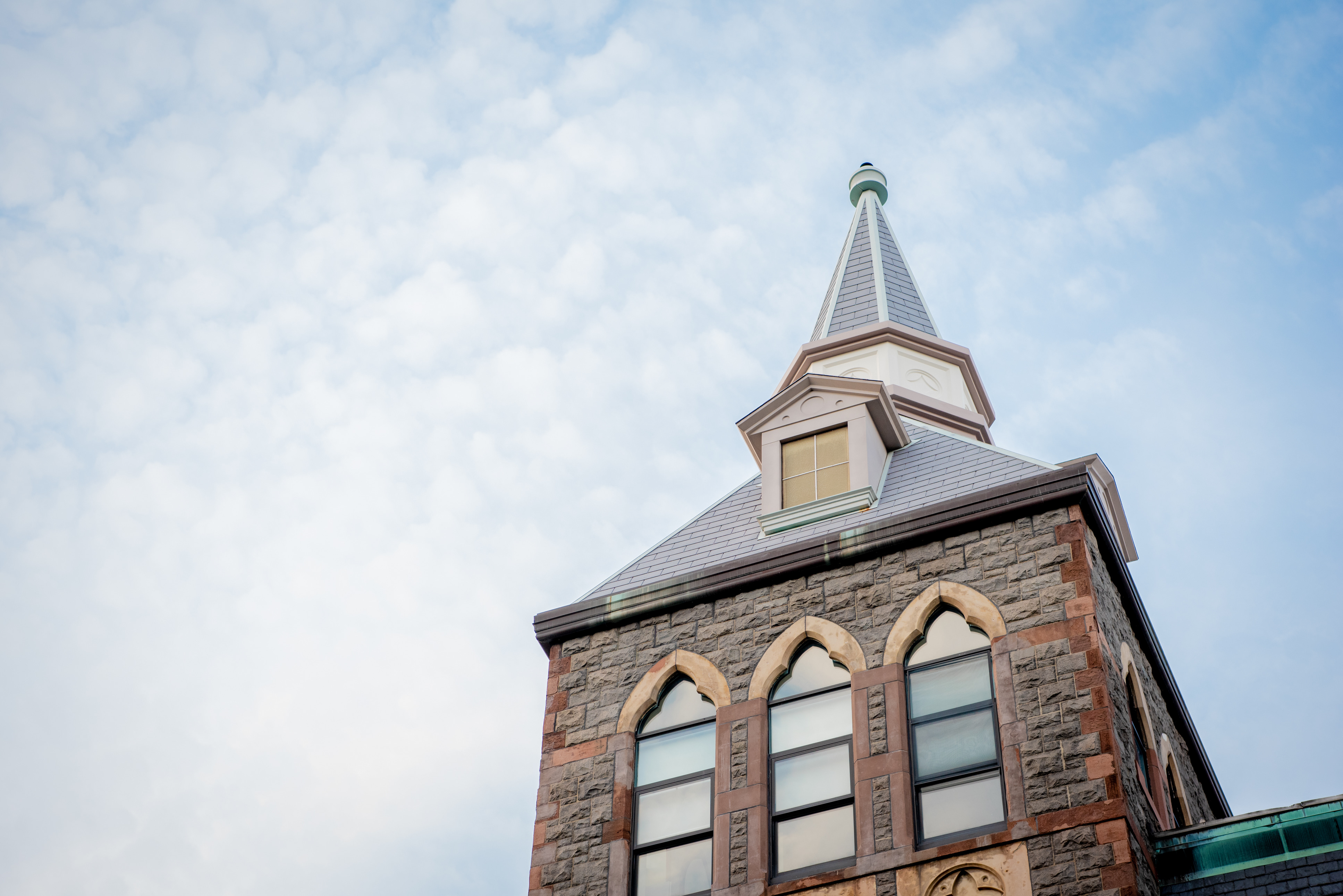The steeple of the Edwin A. Stevens building at Stevens Institute of Technology.