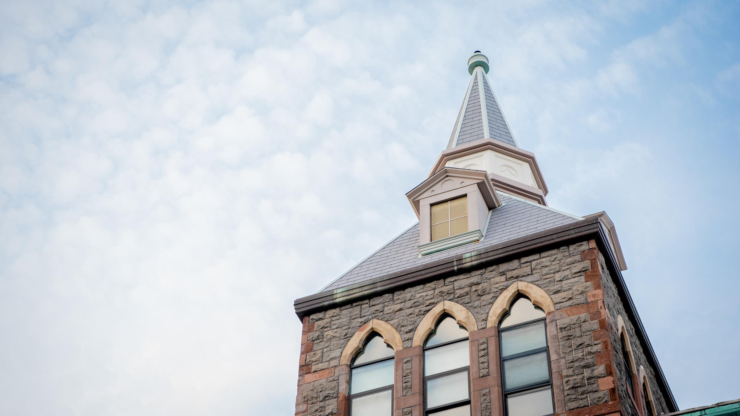 The steeple of the Edwin A. Stevens building at Stevens Institute of Technology.