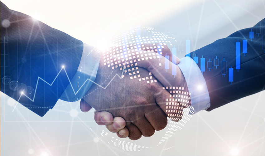 Two hands shaking with blue lines of various shapes transposed over them