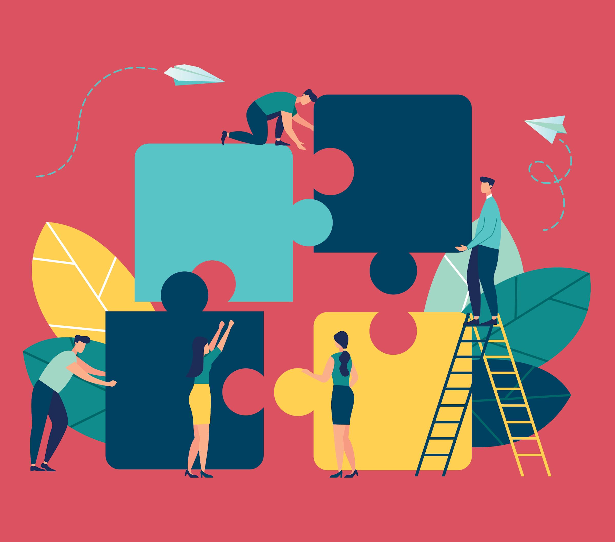 Illustration of people constructing a giant puzzle.