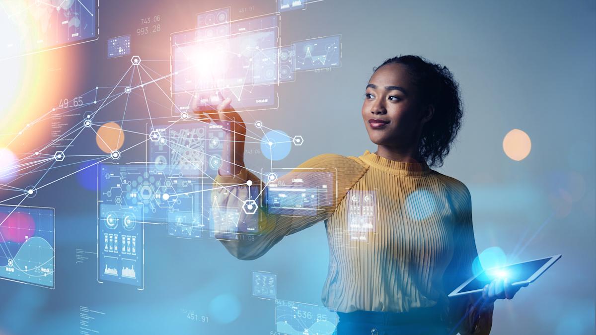 woman pointing to stylized data charts