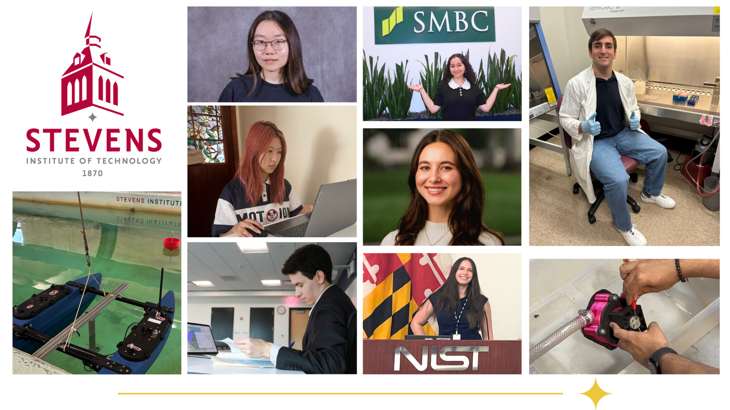 A graphic design with photos of and from students sharing their summer experiences, ranging from headshots, to researh in action, to photos giving a thumbs up in a lab setting.