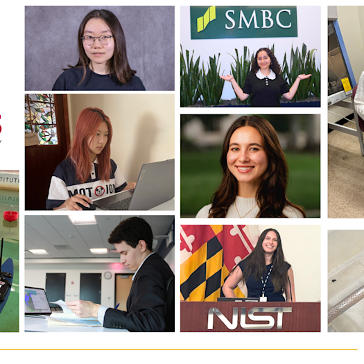 A graphic design with photos of and from students sharing their summer experiences, ranging from headshots, to researh in action, to photos giving a thumbs up in a lab setting.