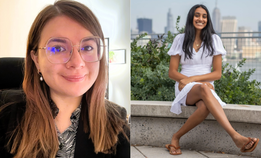 Headshot of Kim Savitsky and image of Emily Johannan on the Babbio patio