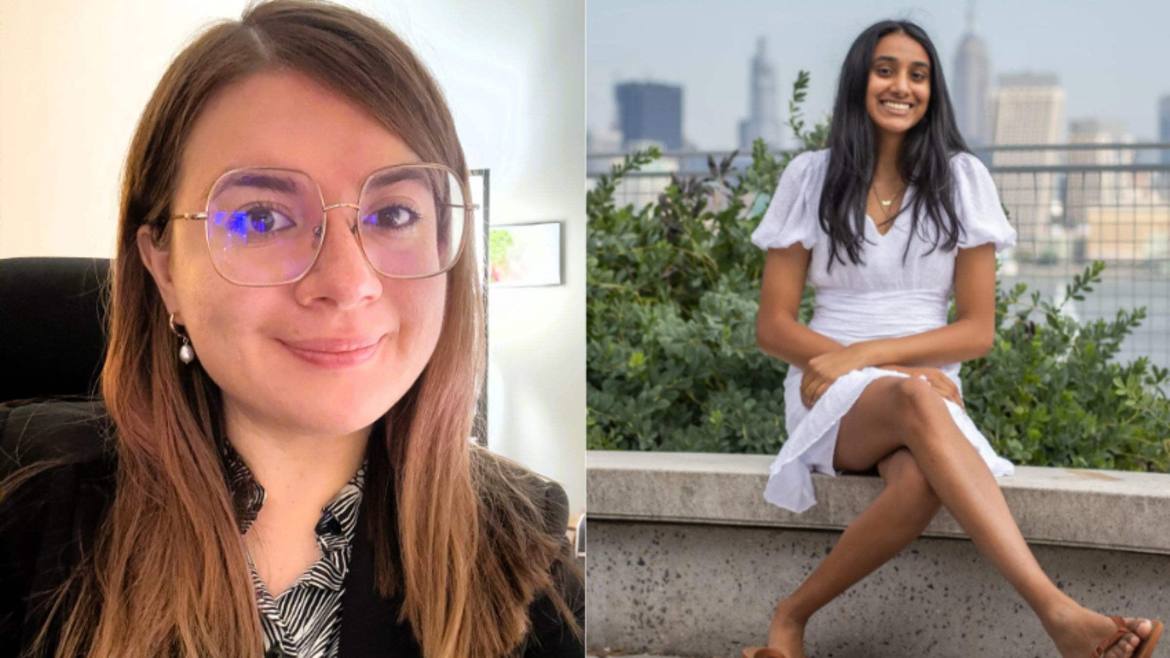 Headshot of Kim Savitsky and image of Emily Johannan on the Babbio patio
