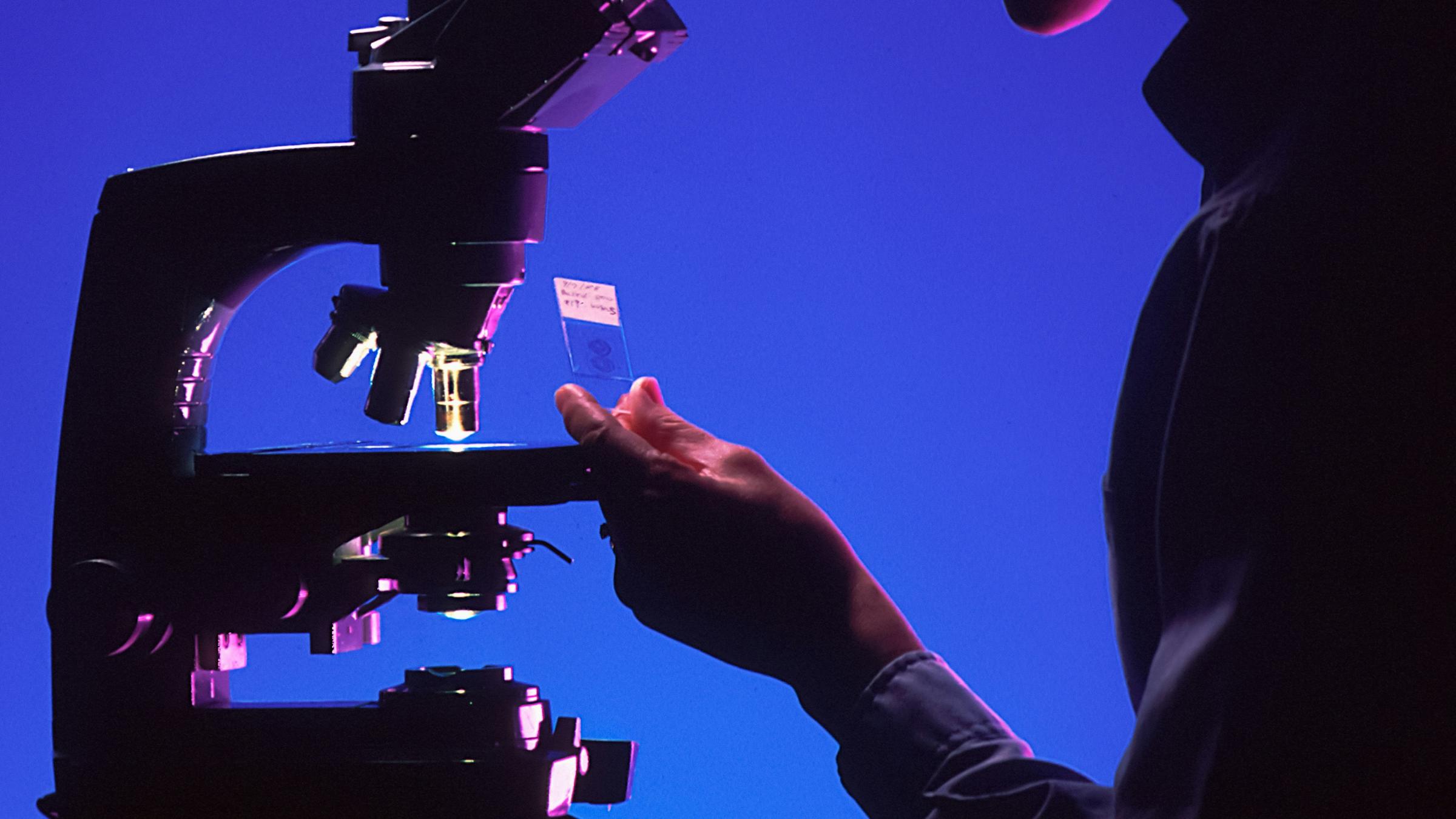 Scientist with microscope examining a slide