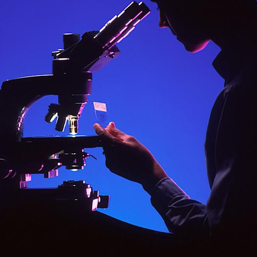 Scientist with microscope examining a slide