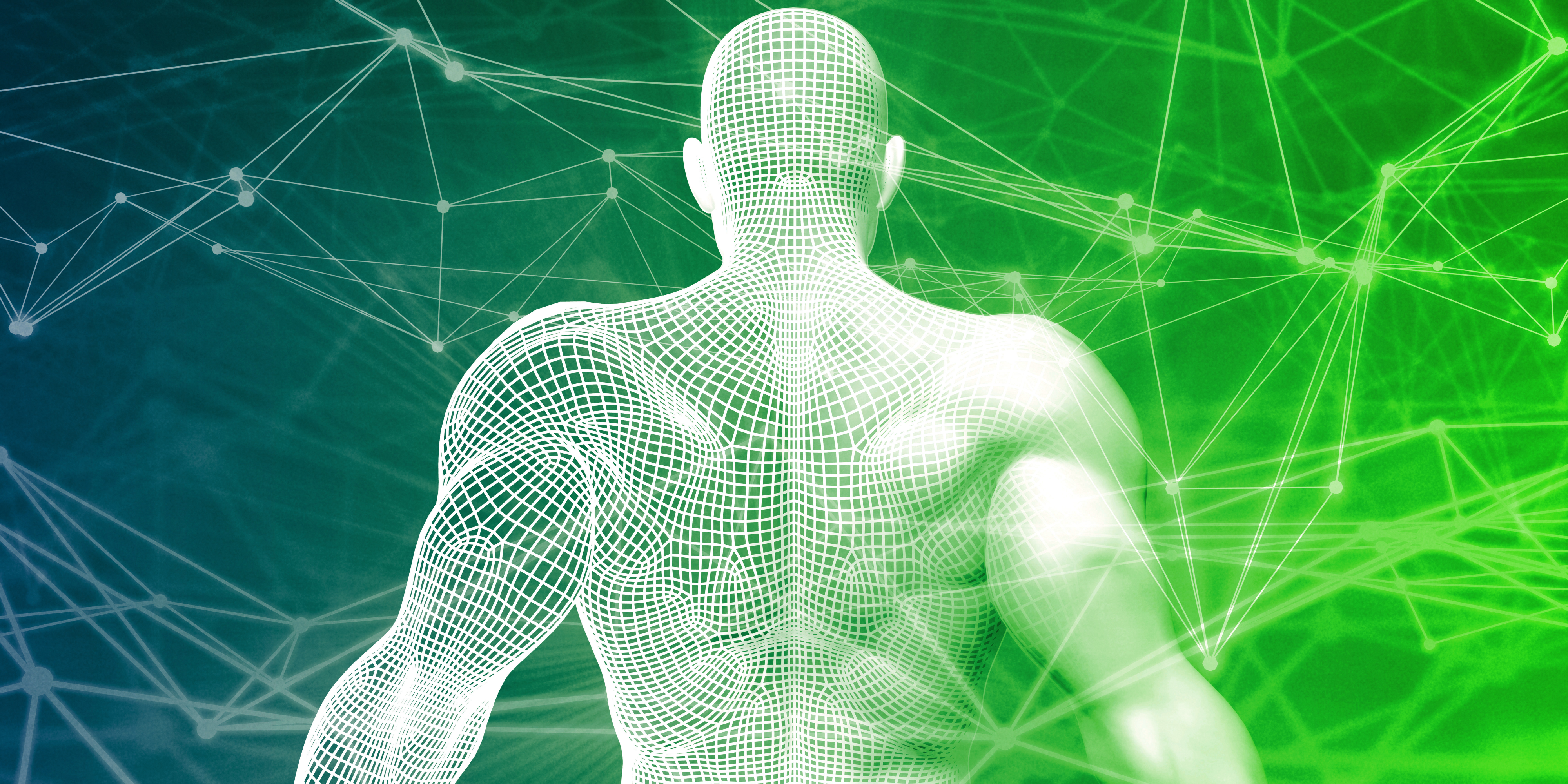 Back of a man's upper body -- artistic design resembling a topographic map