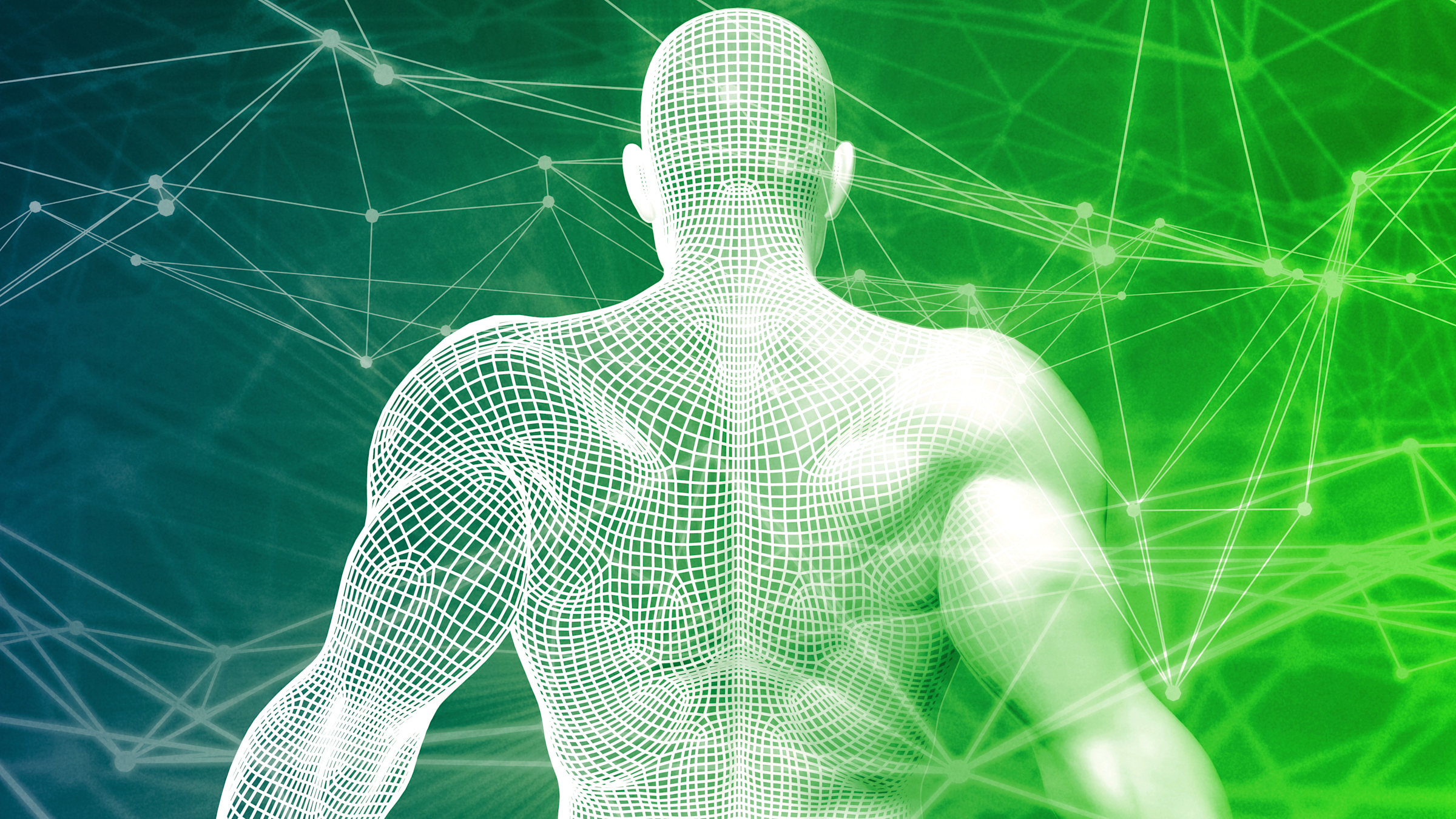 Back of a man's upper body -- artistic design resembling a topographic map