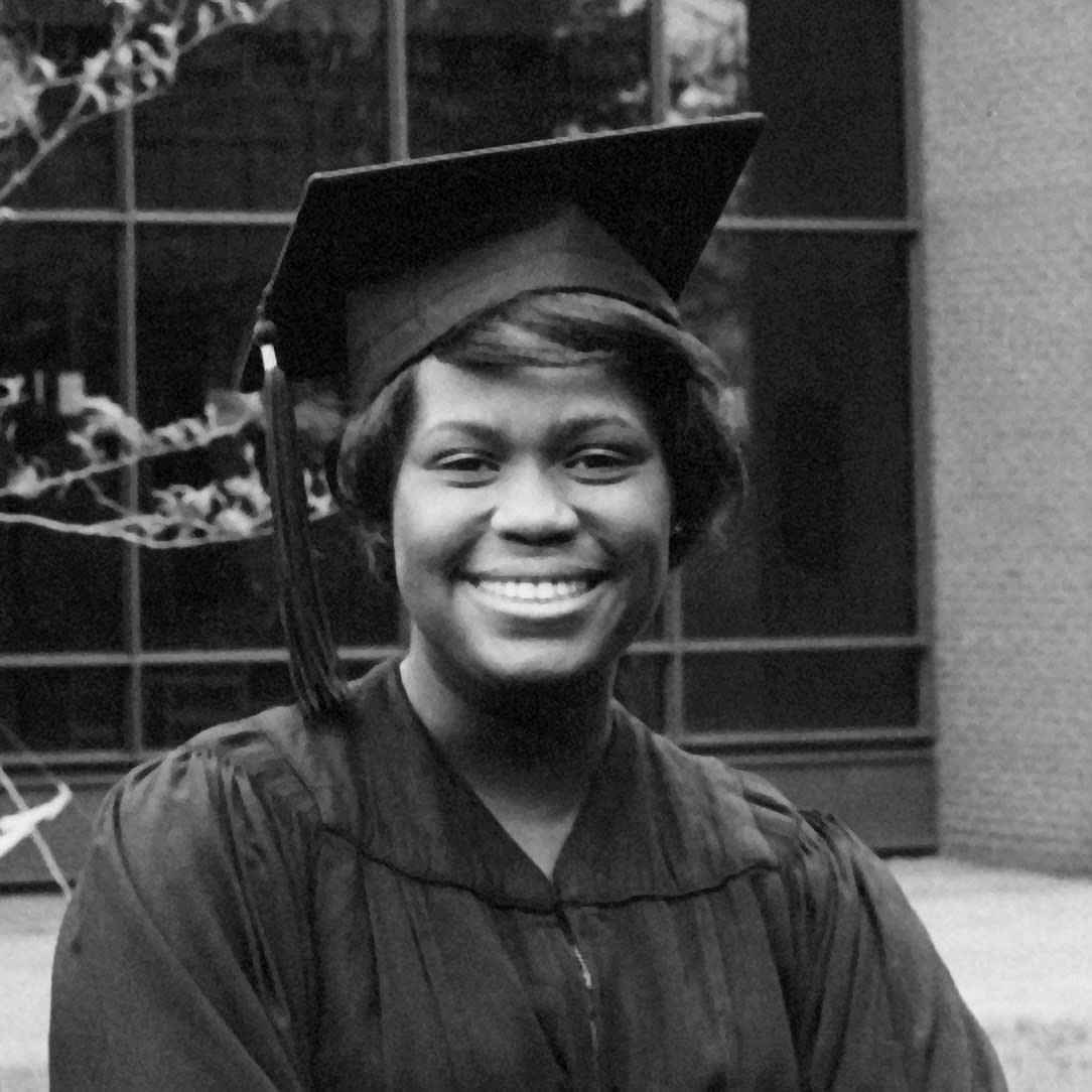 Close-up of Sheila Banks in her graduation regalia.