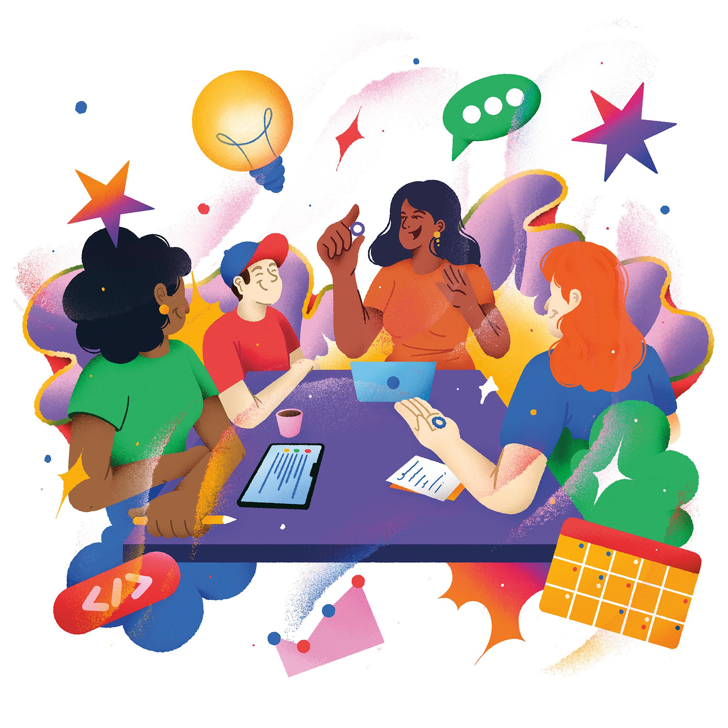 illustration of students gathered around a table happily talking about ideas.