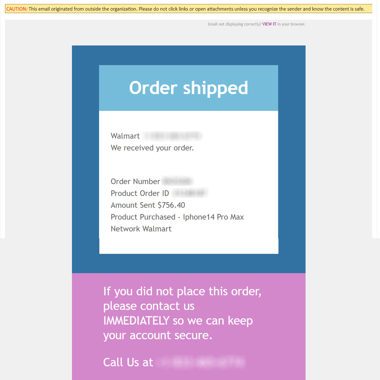 Image of Walmart phishing email