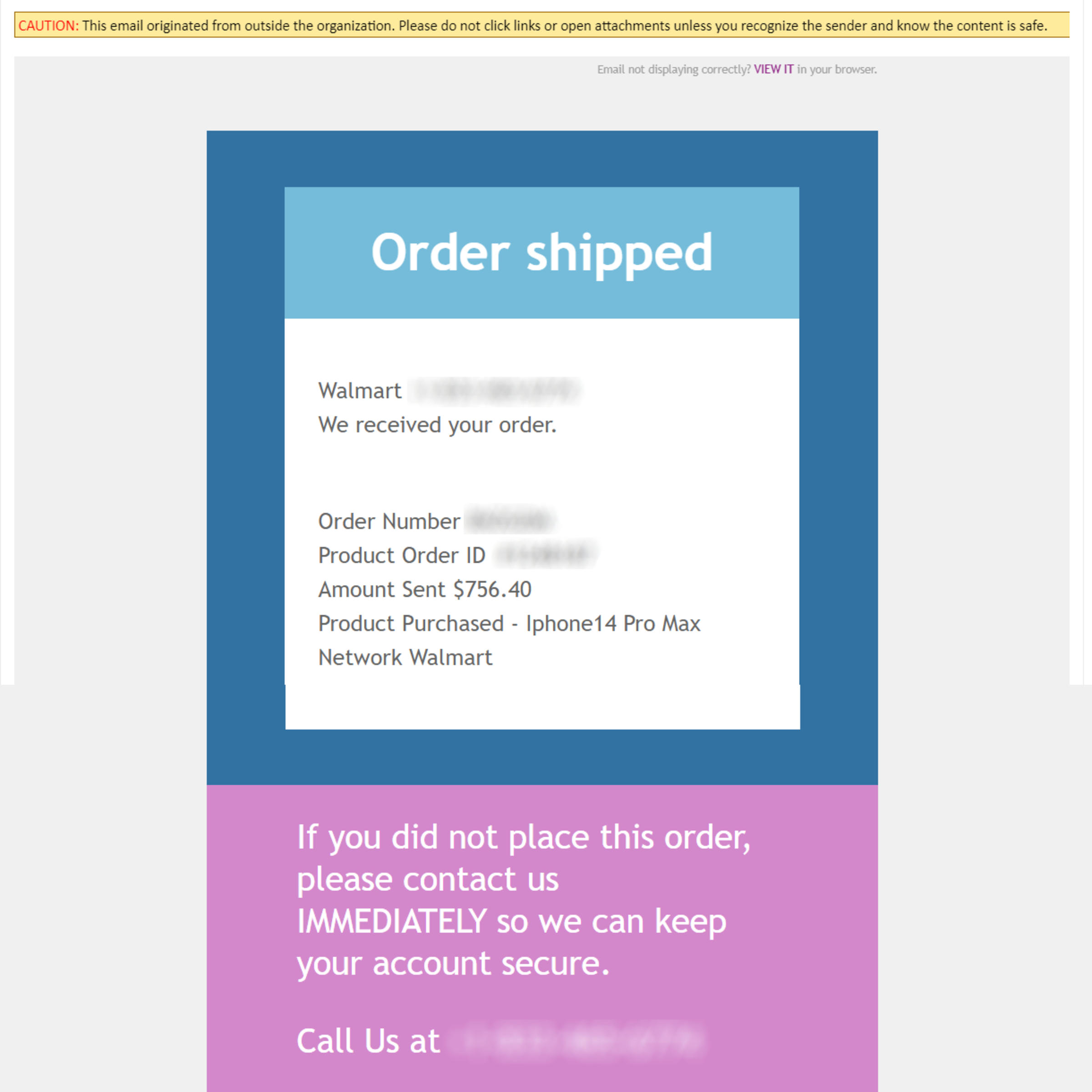 Image of Walmart phishing email