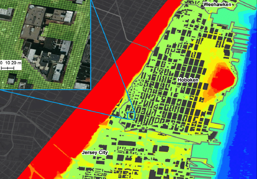 Stevens-produced colored map showing New Jersey flooding in Hoboken and Jersey City