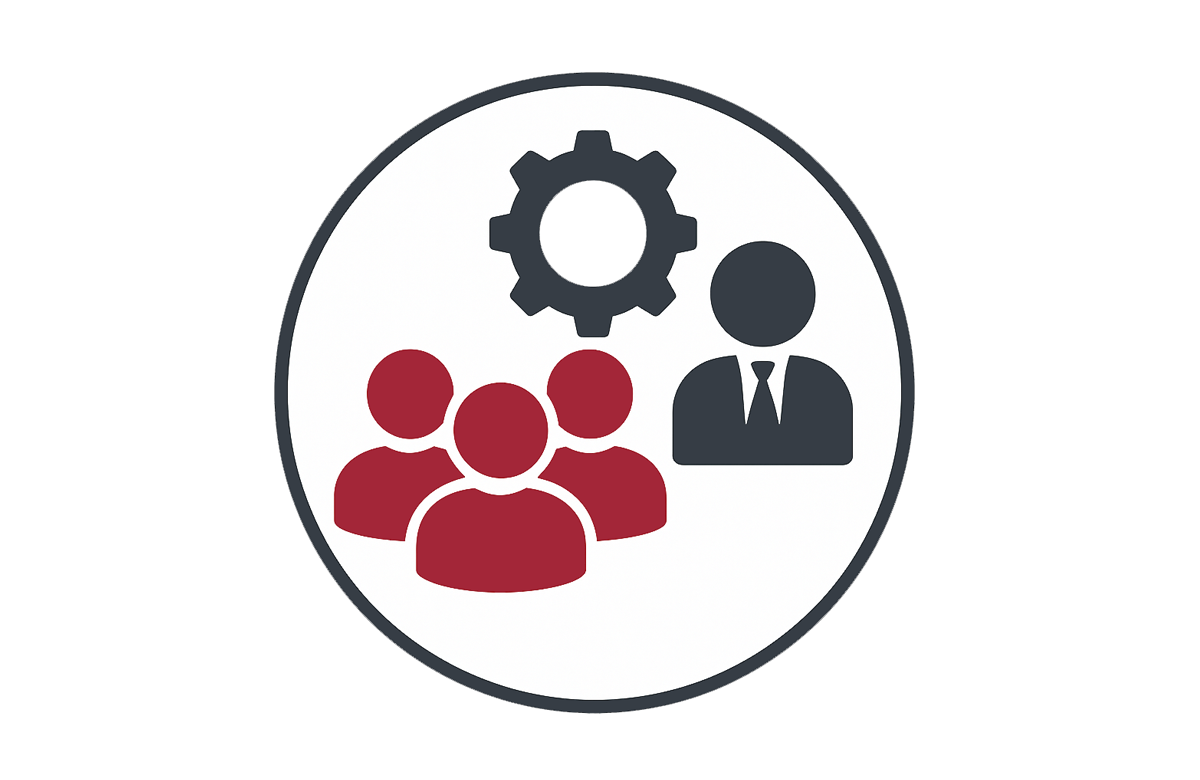 Illustration of an instruction and students in a circle with a gear icon.