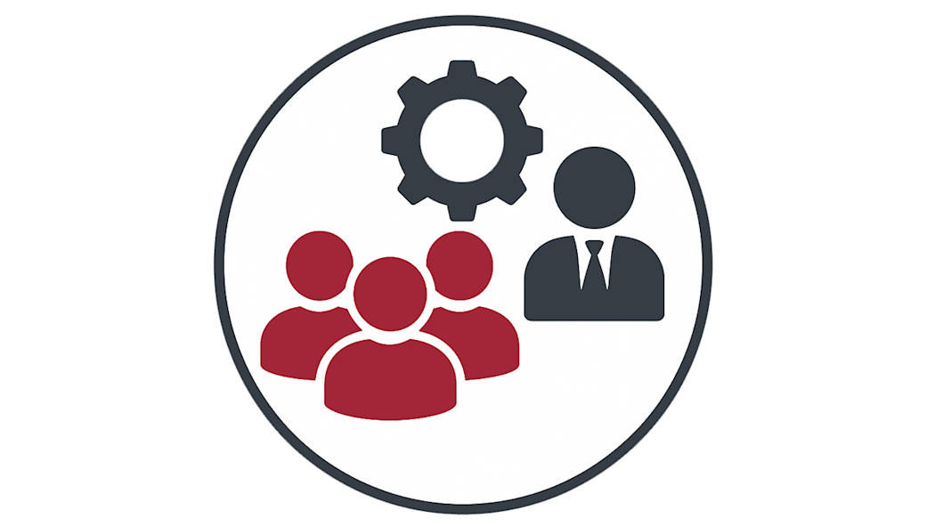 Illustration of an instruction and students in a circle with a gear icon.