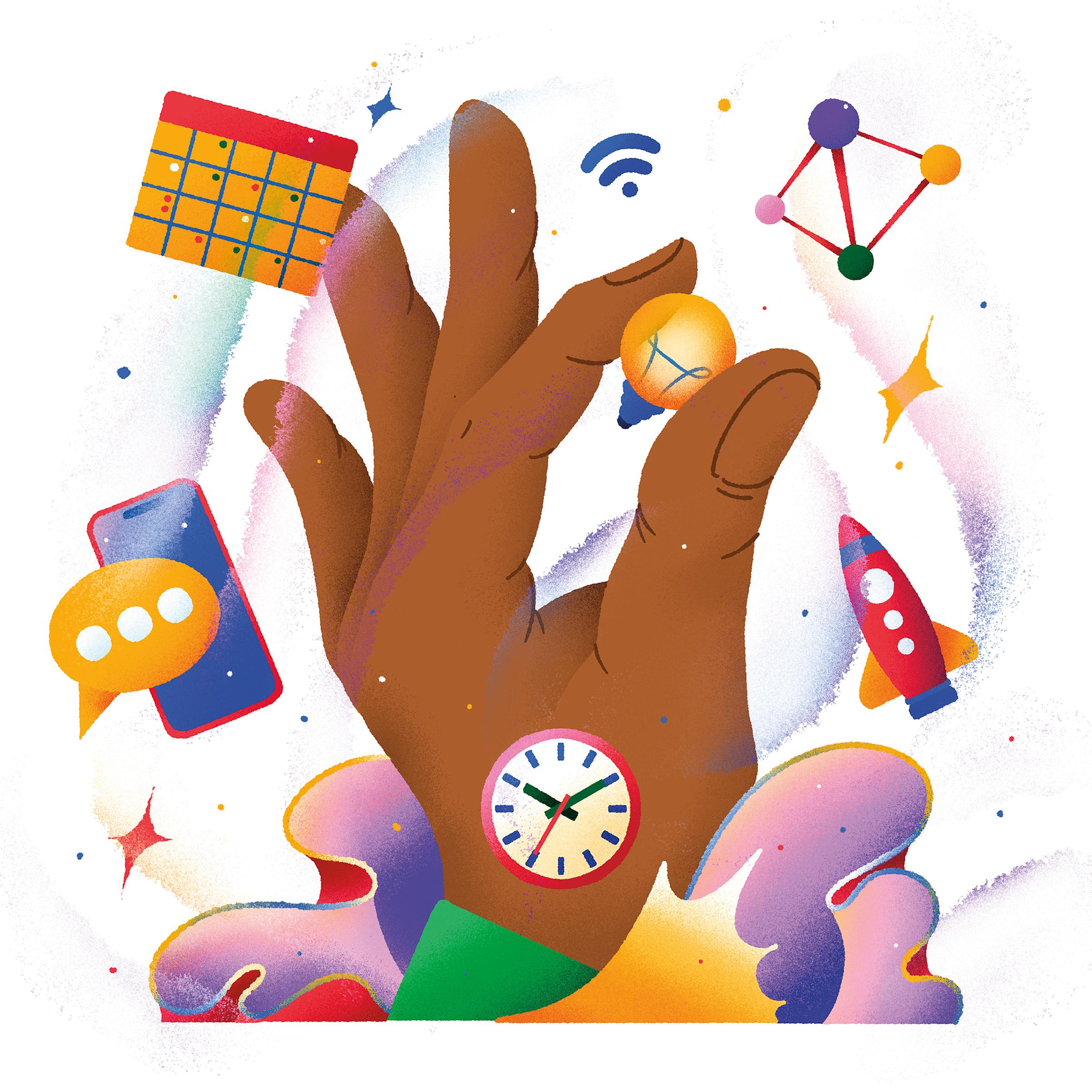 Illustration of a hand surrounded by different information icons, such as a clock, a calendar and a phone.