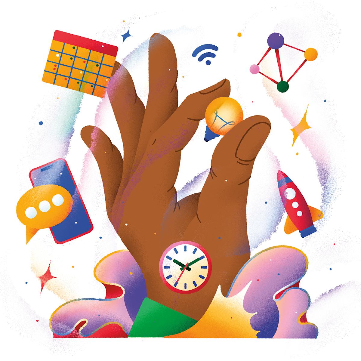 Illustration of a hand surrounded by different information icons, such as a clock, a calendar and a phone.