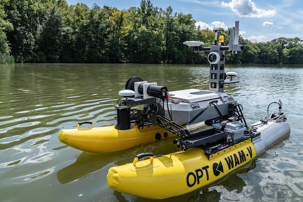 A photograph of the WAM-V 8 floating on a body of water.