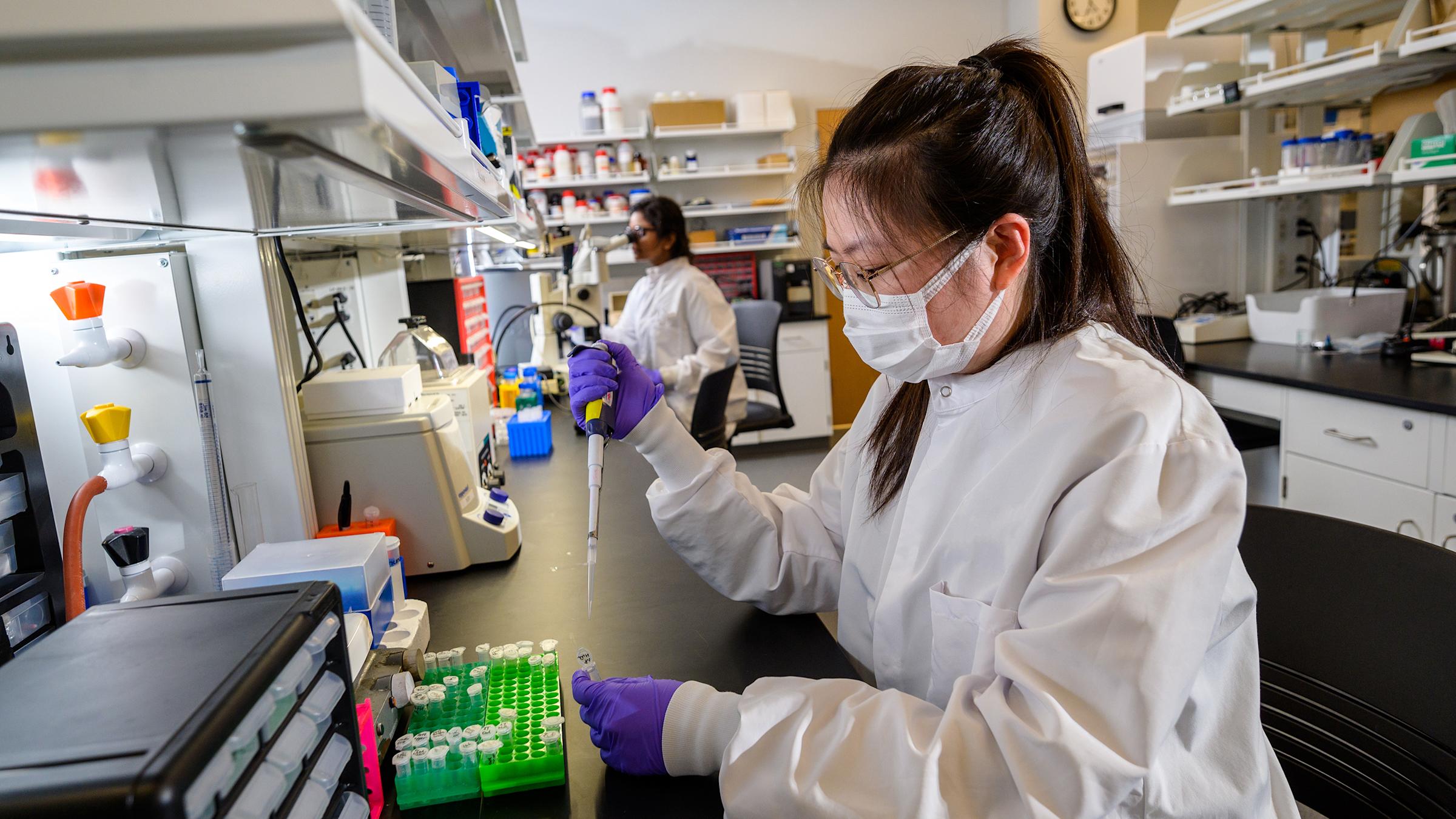Student working with syringe and vials in lab.