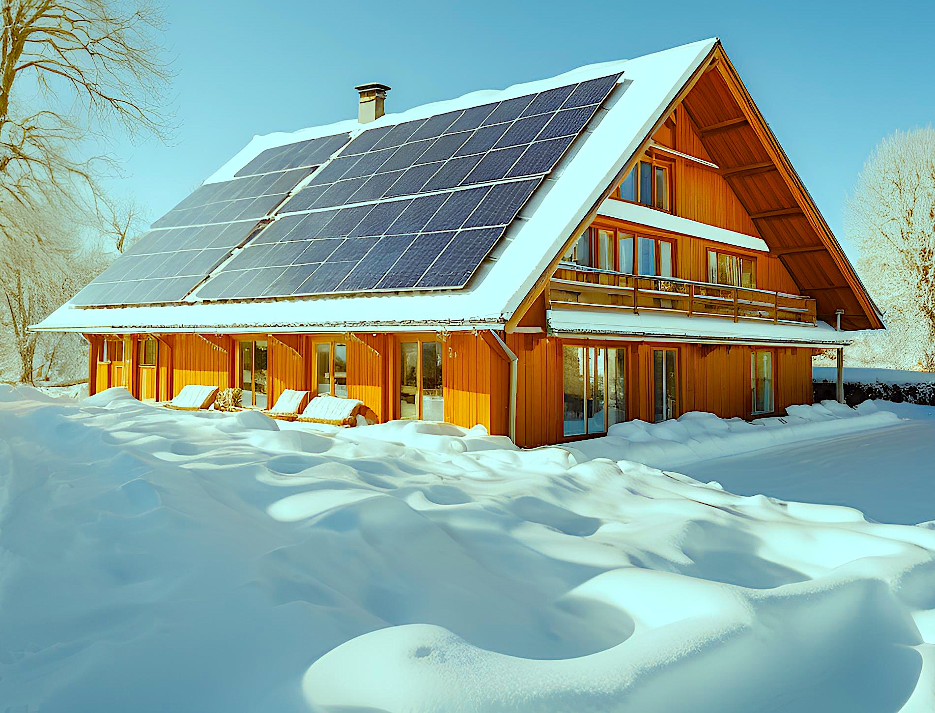 solar panels and a building in the snow