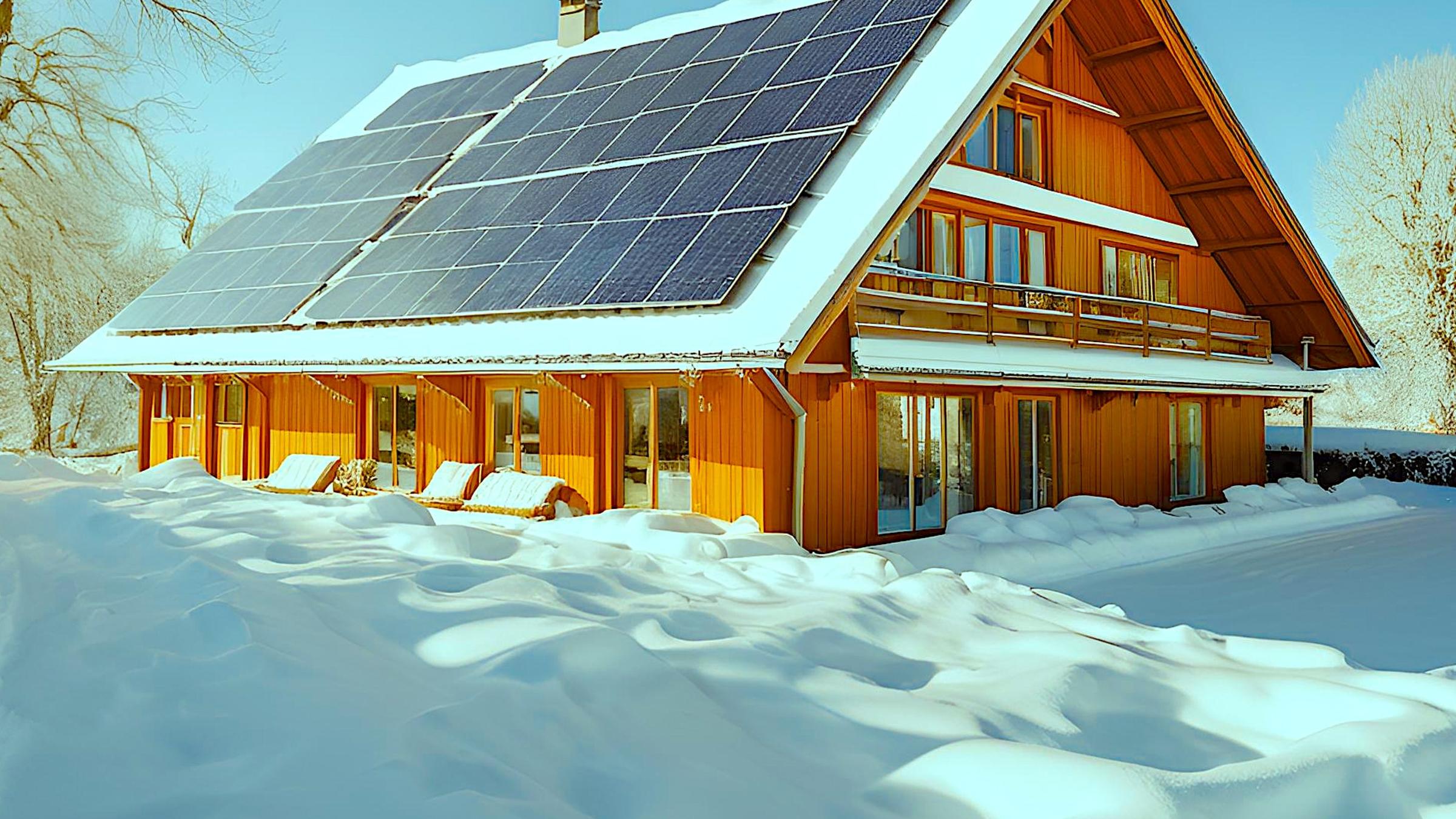 solar panels and a building in the snow