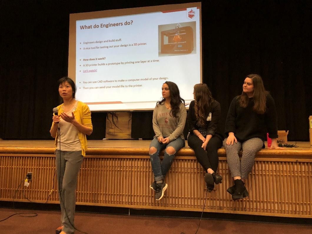 THINKING LIKE AN ENGINEER: "STEM education prepares you to be creative and resourceful in so many different fields," said Jen Field (second from right). (from left) Stevens professor Maxine Fontaine, and students MariaCristina Todaro and Emily Kovelsky.