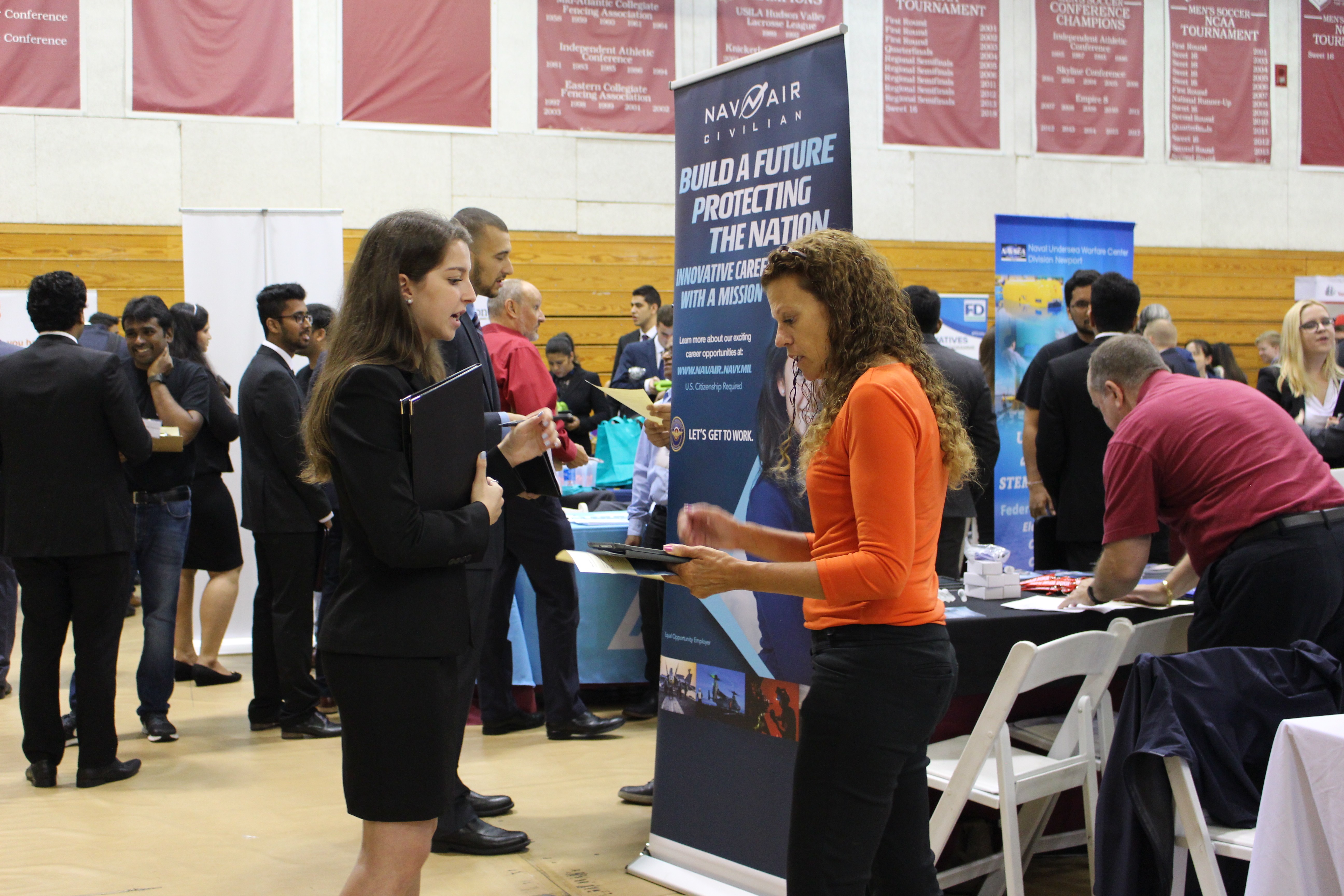 Stevens students and recruiters interacting in the Schaefer Athletic Center