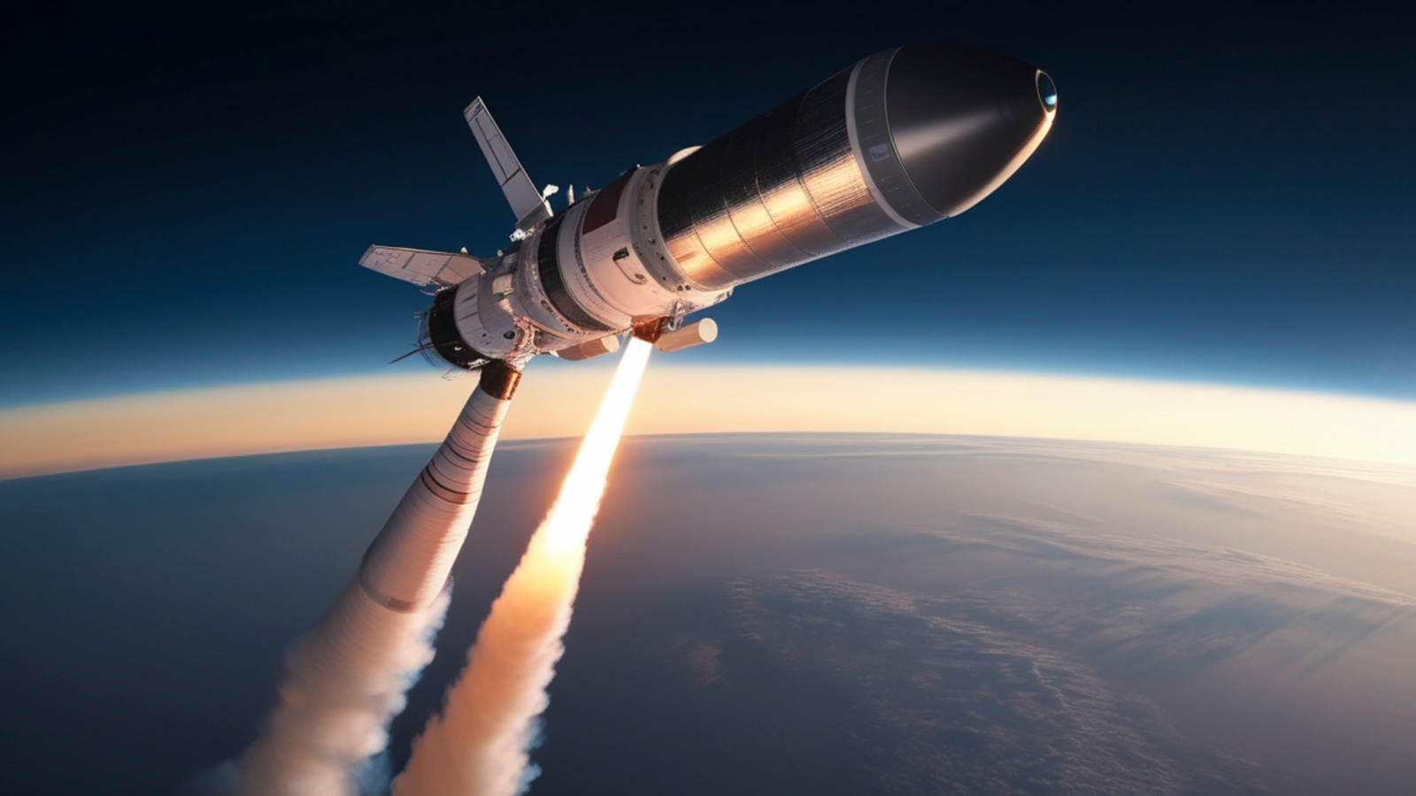 A spacecraft rocket in orbit fires two bright engine flames as it flies above Earth’s curved horizon and clouds at dusk.