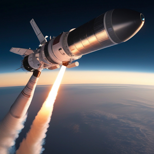 A spacecraft rocket in orbit fires two bright engine flames as it flies above Earth’s curved horizon and clouds at dusk.