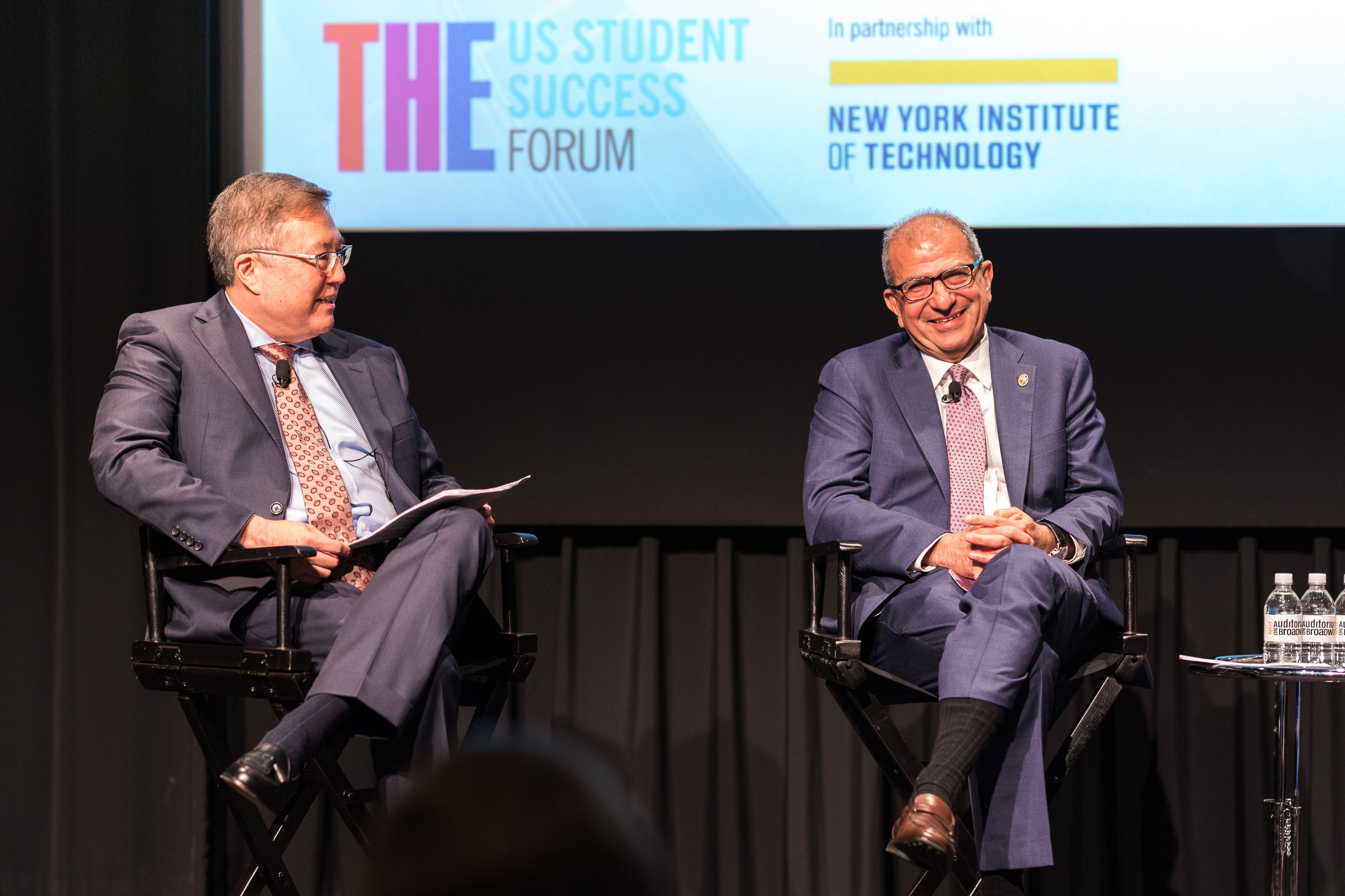 On stage, from left to right: Junius Gonzales, provost and vice president of academic affairs at New York Institute of Technology, and Stevens Institute of Technology President Nariman Farvardin