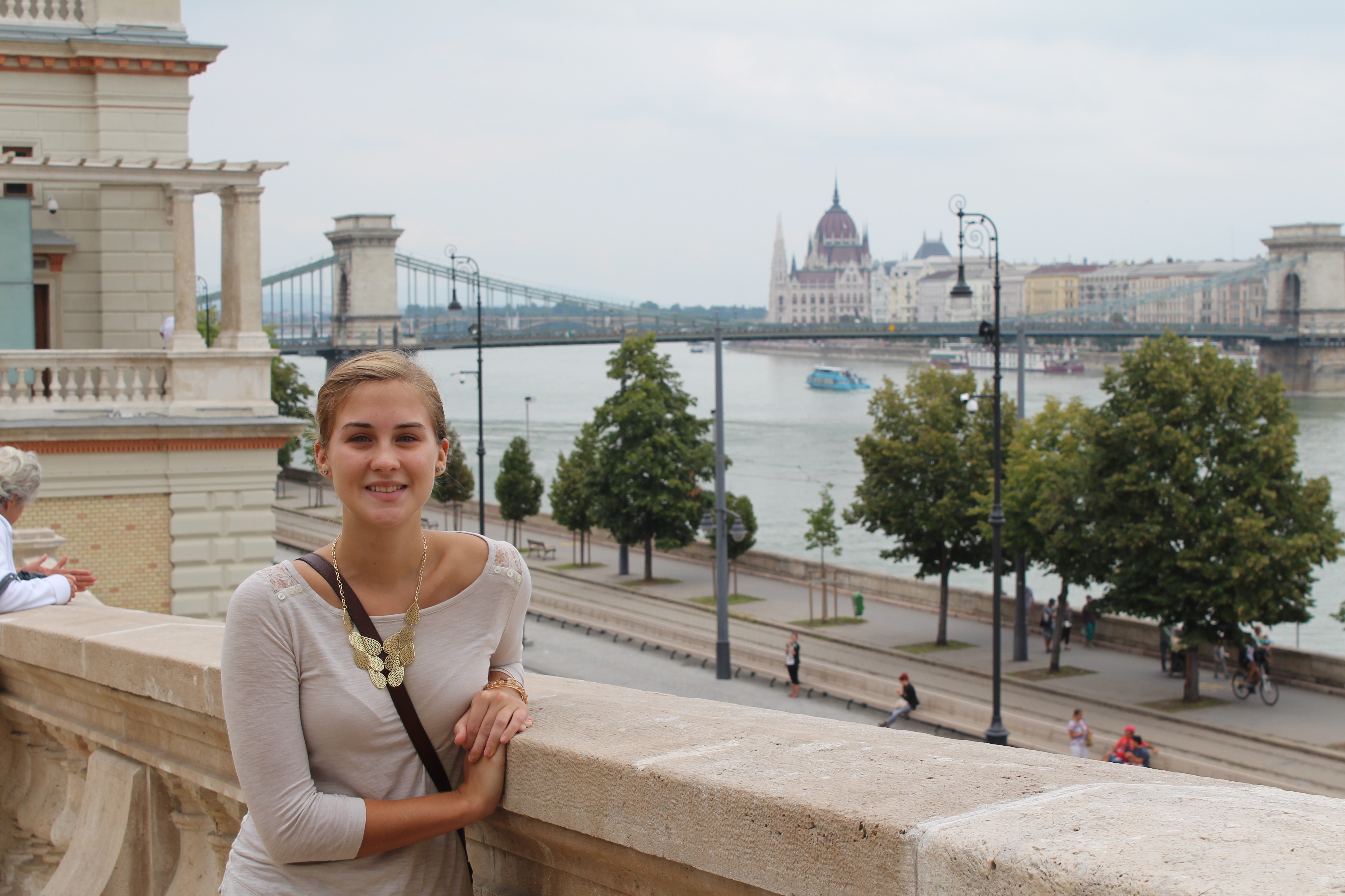 Nicole Fosko standing in front of the Danube River in Budapest, Hungary
