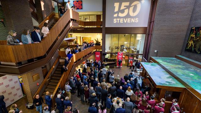 Overhead view of people gathering at the library