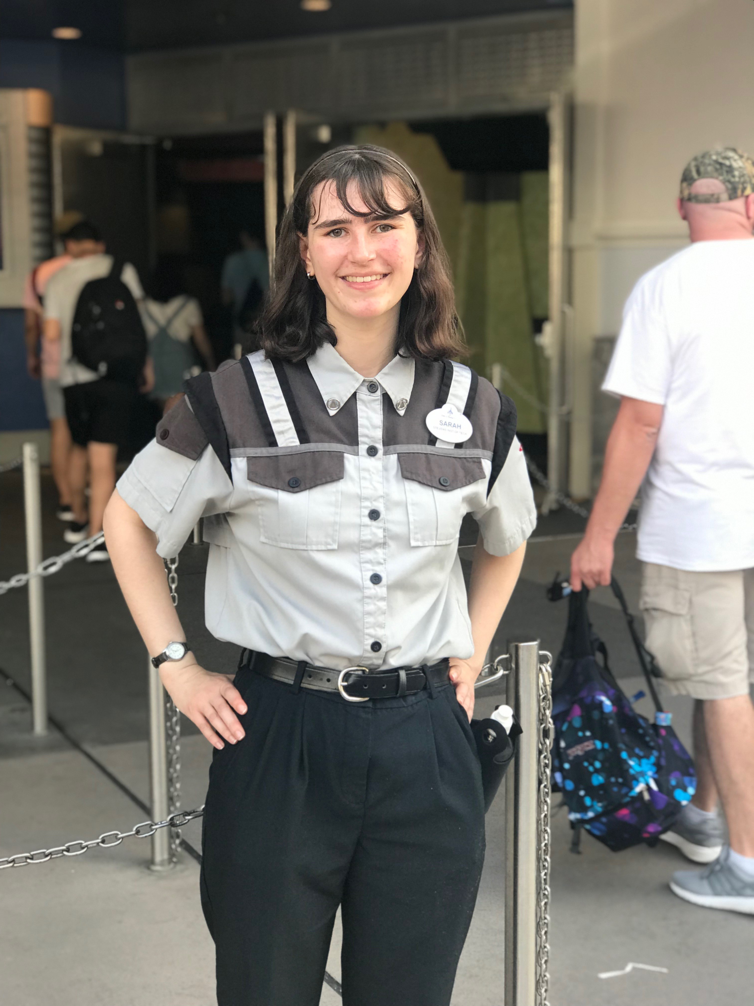 Sarah Bertussi in her greeter costume outside the Monsters, Inc. Laugh Floor, one of the attractions at the Walt Disney World Resort in Orlando, Florida