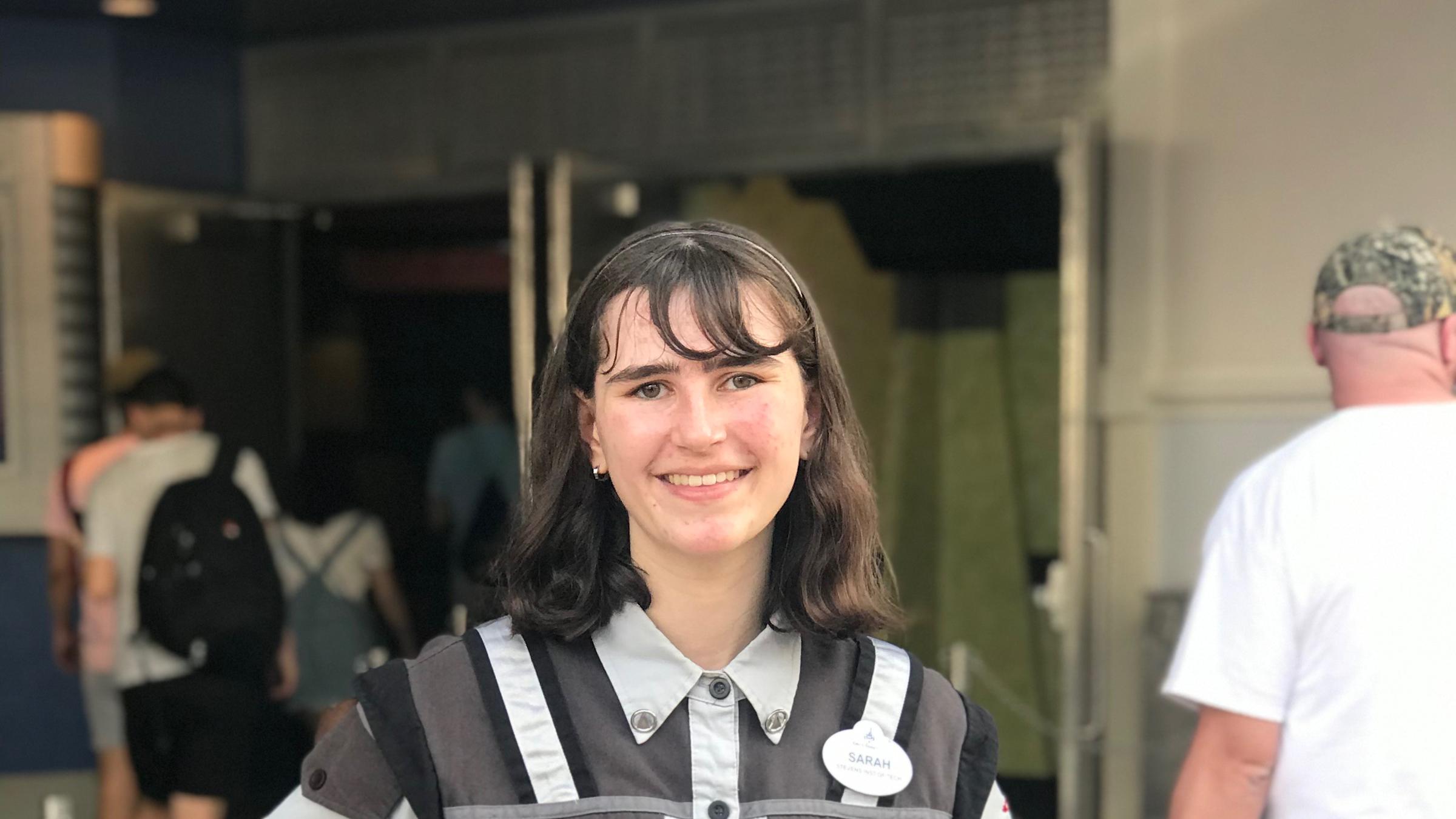 Sarah Bertussi in her greeter costume outside the Monsters, Inc. Laugh Floor, one of the attractions at the Walt Disney World Resort in Orlando, Florida