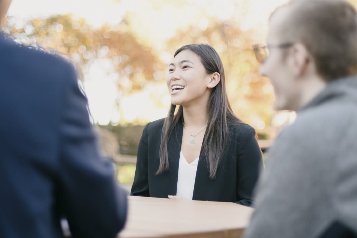 Elizabeth Chu ’22, a chemical biology major, participates in a group discussion about student and faculty experiences inside Stevens’ Gateway Academic Center. 