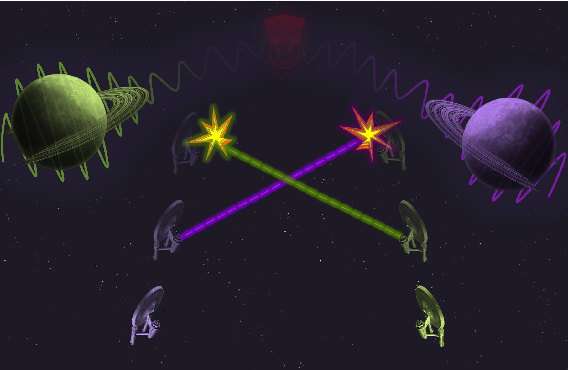 A cartoon depicting two starships firing at each other, with a planet beside each one.