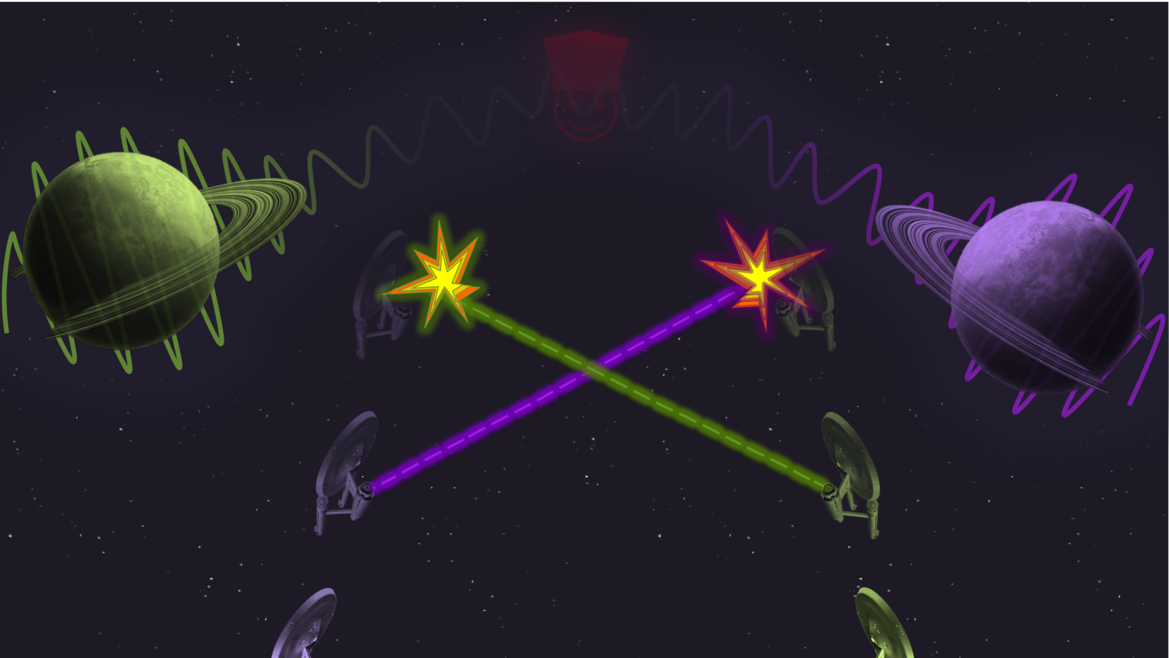 A cartoon depicting two starships firing at each other, with a planet beside each one.