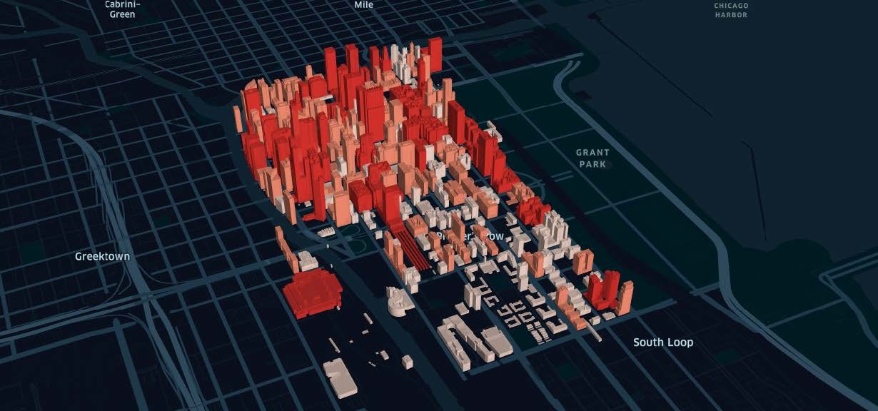 downtown Chicago heat data, presented as bar graphs upon a map of the city
