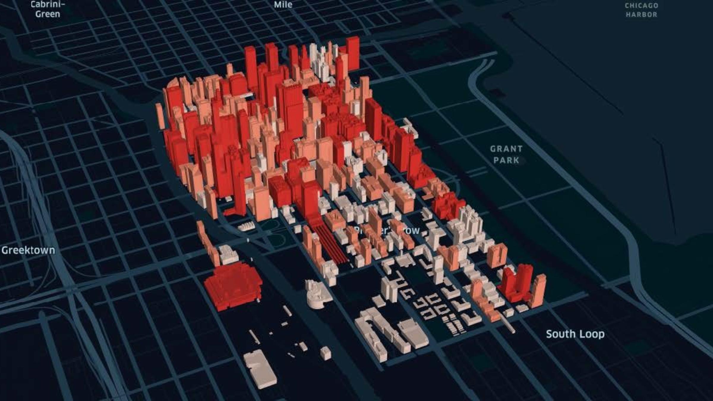 downtown Chicago heat data, presented as bar graphs upon a map of the city