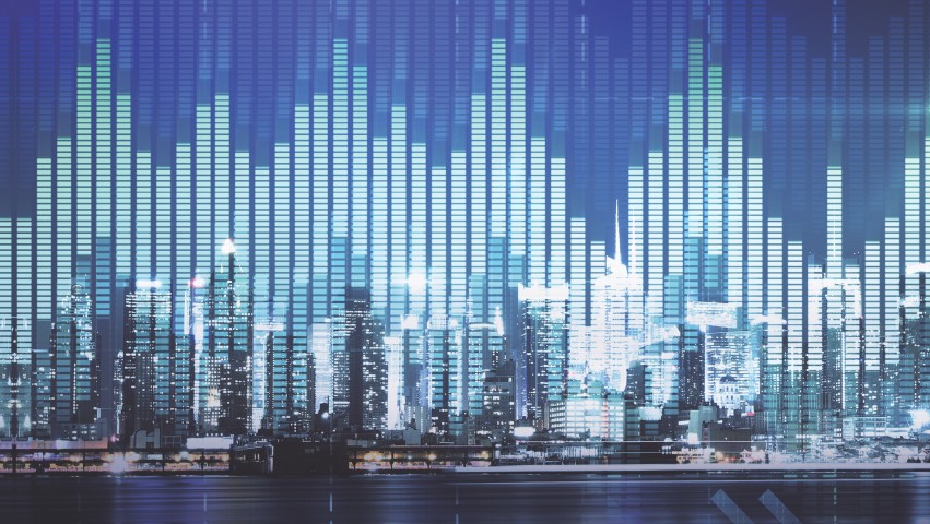 Graphs superimposed on city skyline