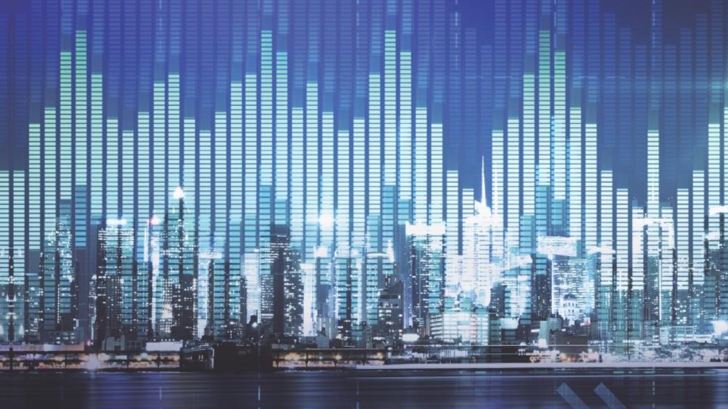 Graphs superimposed on city skyline