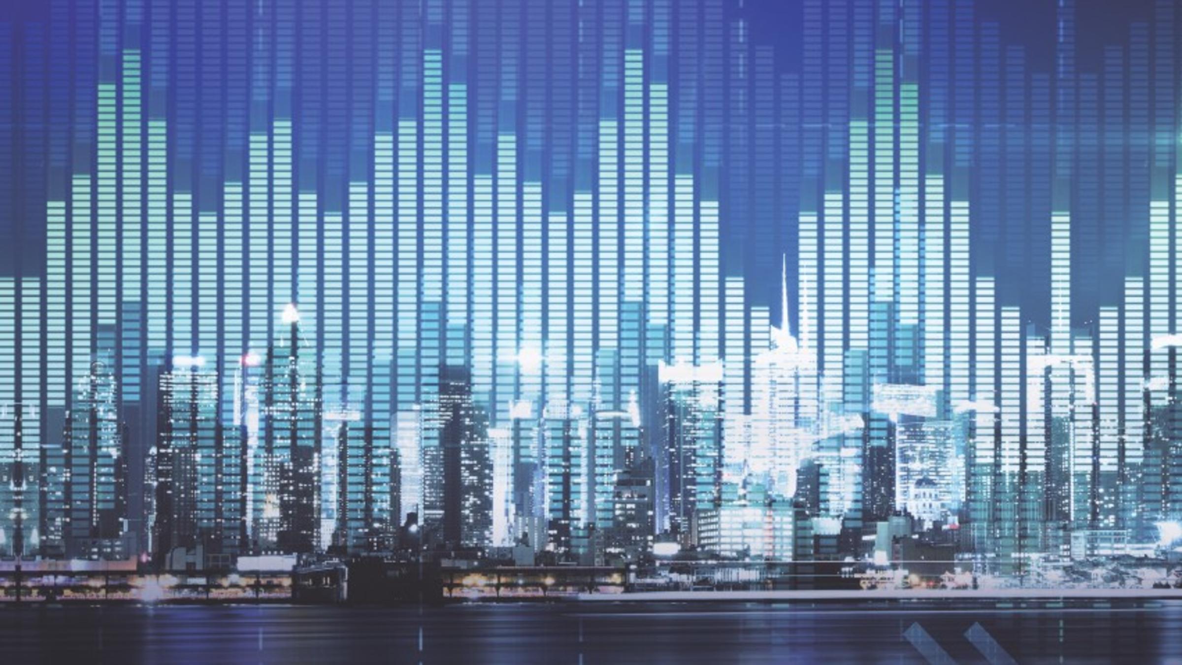 Graphs superimposed on city skyline