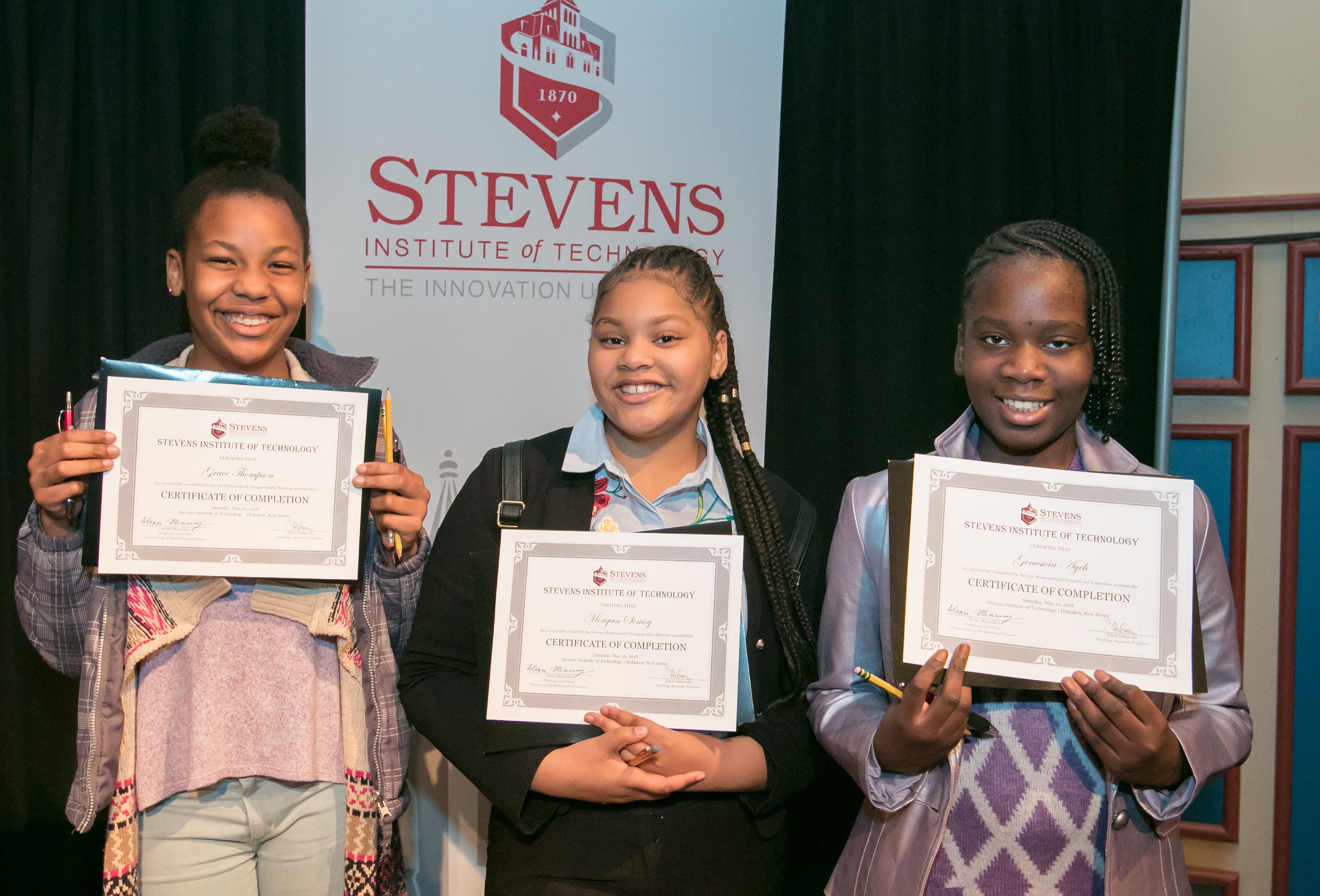2018 Stevens Math Olympiad participants, from right to left: Grace Thompson, Morgan Semoy and Genesicia Ayeh, CREDIT: Jeff Vock