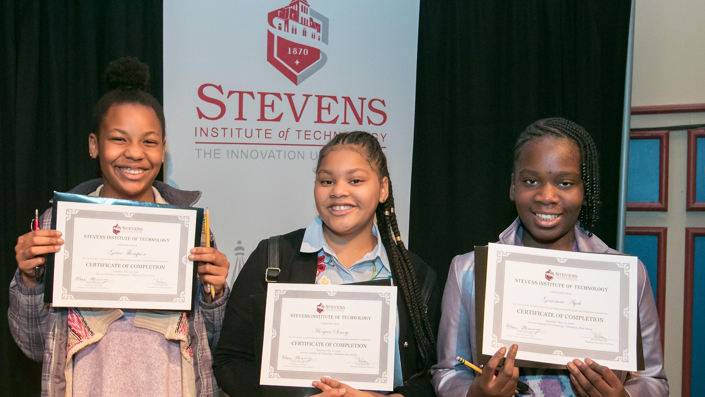 2018 Stevens Math Olympiad participants, from right to left: Grace Thompson, Morgan Semoy and Genesicia Ayeh, CREDIT: Jeff Vock