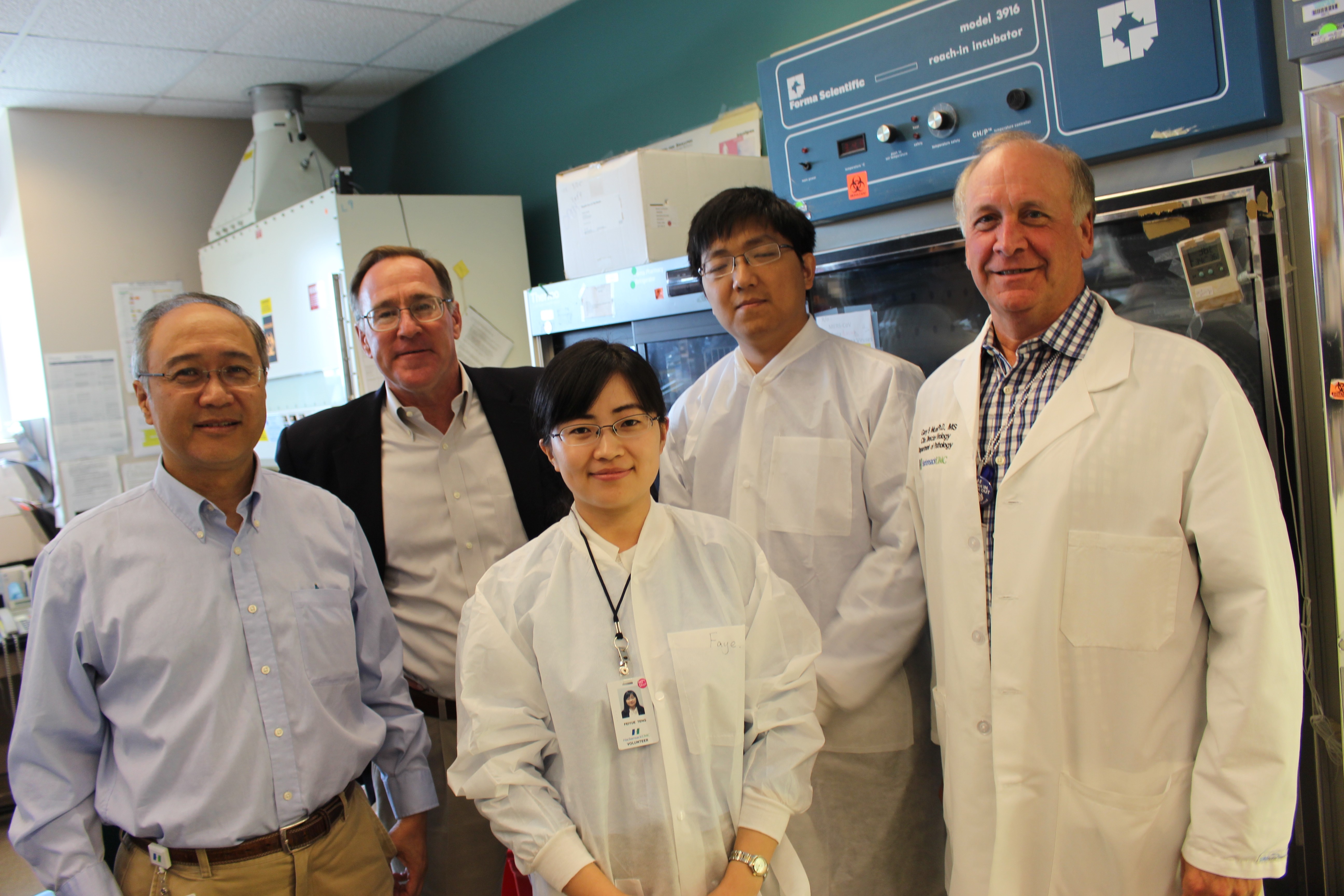 Hackensack University Medical Center Dr. Tao Hong; Stevens professor Matt Libera; Stevens Ph.D. candidates Feiyue Teng and Youlong Ma; Hackensack University Medical Center Dr. Gary Munk